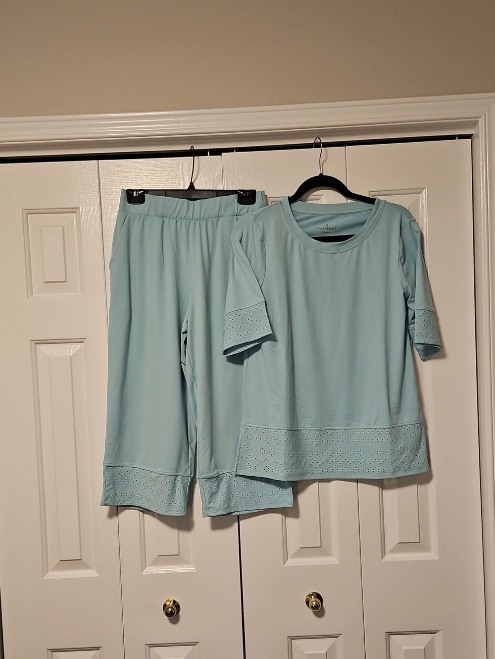 Cuddl Duds Light Blue Eyelet-Trim Lounge Set - Short Sleeve Top & Pull-On Pants